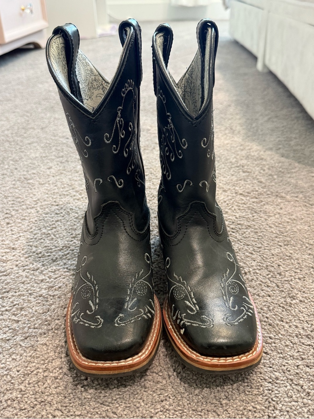 Kids Black Embroidered Western Boots